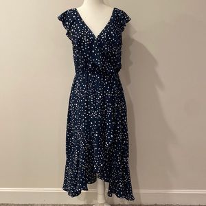 Mid length wrap dress, navy blue with cream polka dots SIZE SMALL